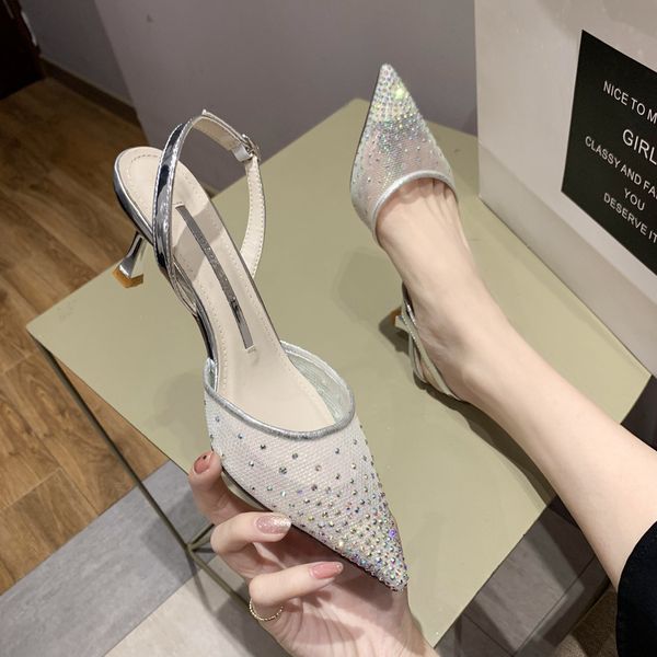 

high heel sandal for women buckle strap rhinestone sandals fashion womens shoes 2020 suit female beige shoes med summer heels, Black