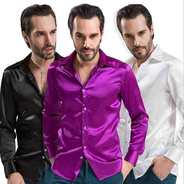 

new 2019 leisure brand clothing high-grade emulation silk long sleeve shirts men's casual shirt shiny satin camisa white black