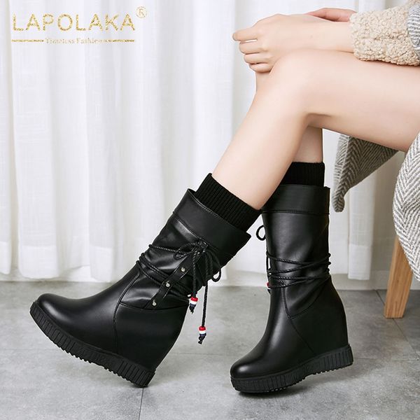 

lapolaka fashion big size 33-43 increasing heels slip on mid calf boots woman shoes platform autumn winter shoes women boots, Black