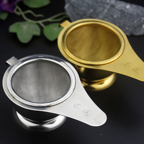 

stainless steel tea strainer with handle & base cup mesh infuser container holder for teapot mugs gold silver color tea tools