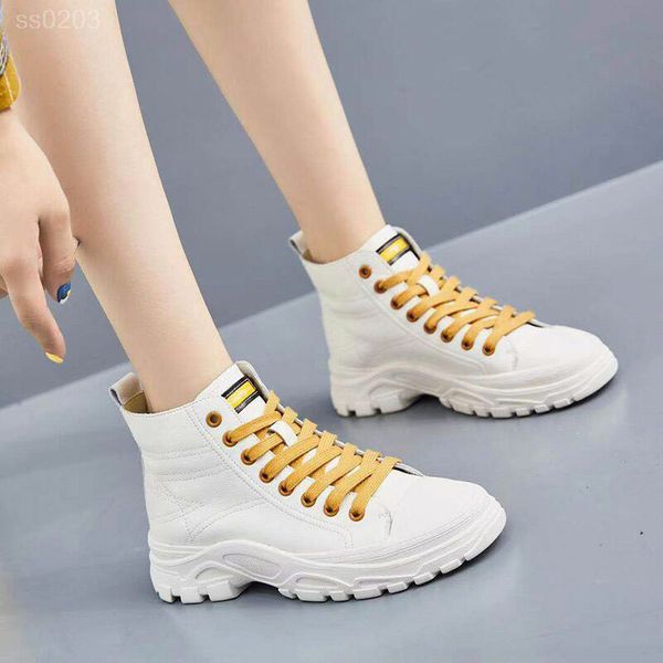 

leather high-shoes women's autumn new single boots lace-up boots women's british style martin boots personality sports white shoes, Black