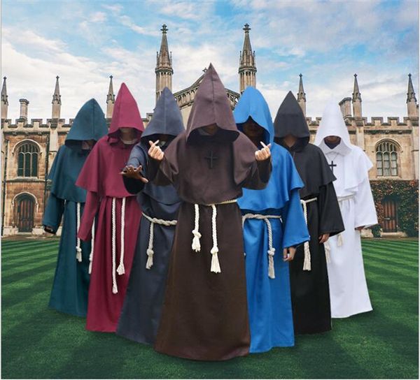 

fashion men halloween costume mysterious ancient medieval monk robe dress monk cosplay suit witch costume priest cos clothing, Black;red