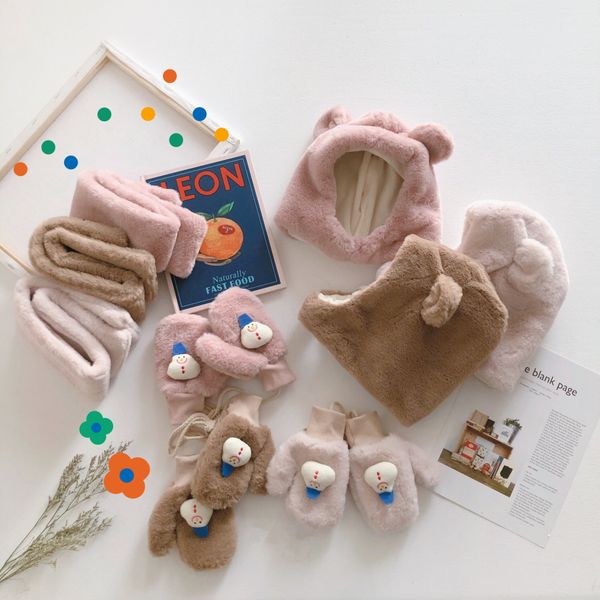 

winter children's christmas hat scarf gloves three-piece baby plus velvet thick warm hat boys and girls plush hats scarves & gloves set, Blue;gray