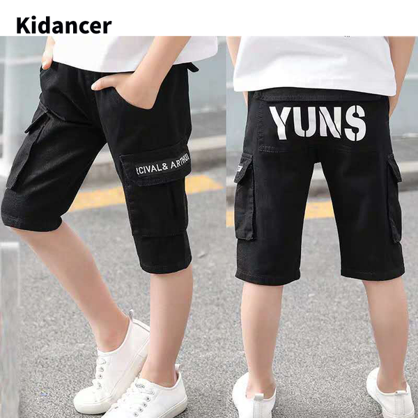 

kidancer boy's cargo short pants loose shorts summer kids shorts pockets army green teenagers short pants knee length, Black