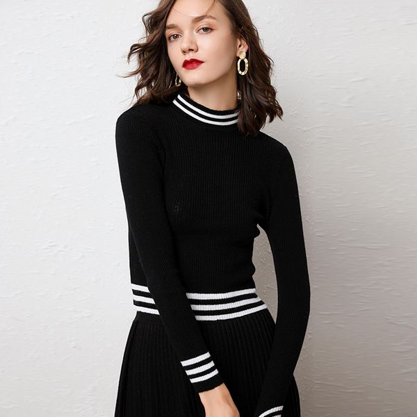 

striped cashmere sweater female half-necked slim long-sleeved women's sweater 2019 new short-sleeved knit bottoming shirt, White;black