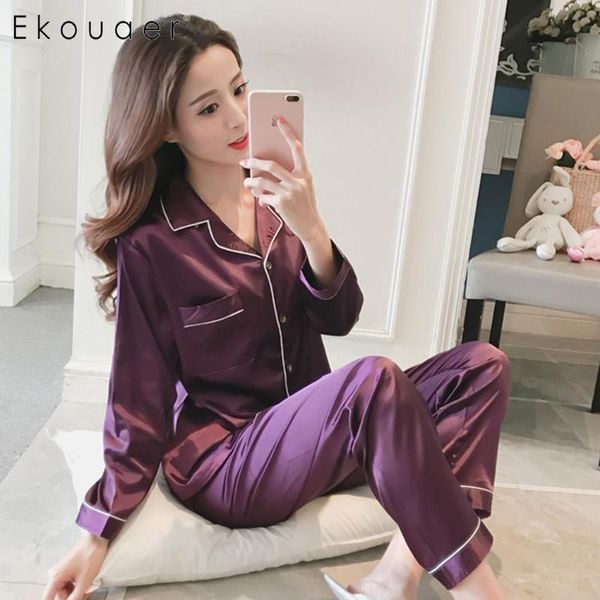 

ekouaer women silk satin pajamas set long sleeve sleepwear pijama pajama suit female sleep two piece pyjamas set loungewear, Blue;gray