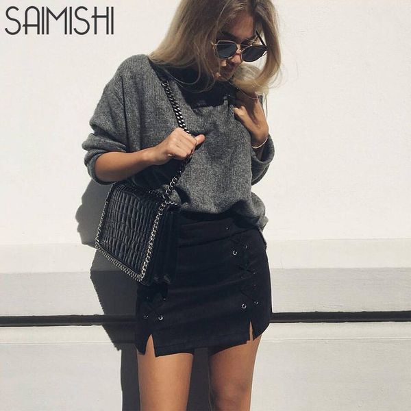 

fashion womens autumn lace-up leather suede pencil skirt winter cross high waist mini skirt zipper split bodycon short skirts, Black;gray