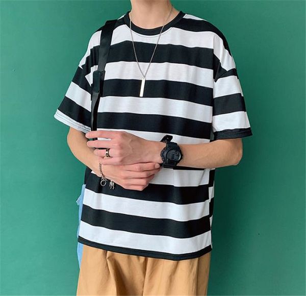 

striped printed mens tshirts summer crew neck short sleeve mens casual loose tshirts fashion apparel, White;black