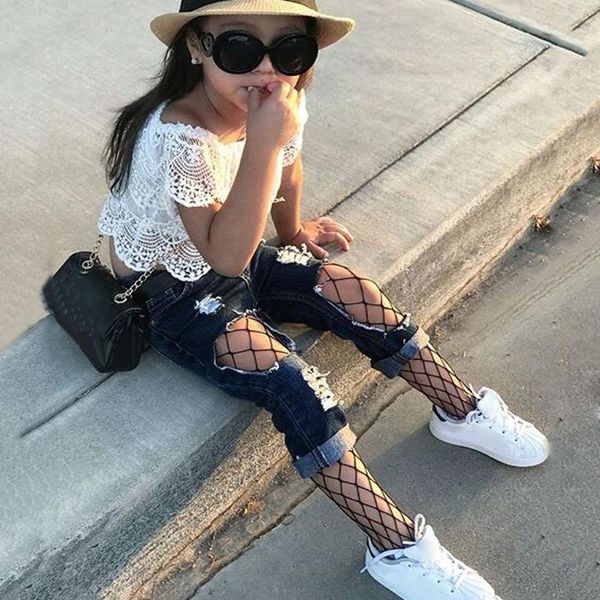 

teenage suit for girls clothes sets girls summer off shoulder denim ripped pants outfits clothes boy kids set #3, White