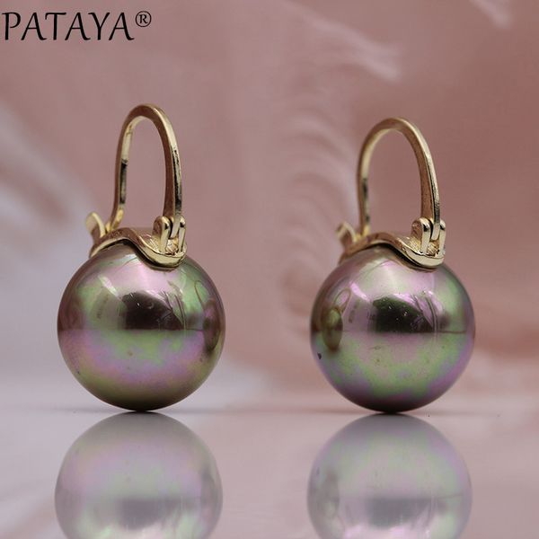 

pataya new round ab imitation pearls long earrings 585 rose gold women party gift fine fashion jewelry simple big dangle earring, Golden