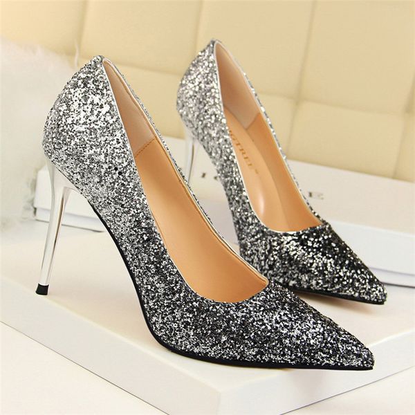 

new arrival thin heel fashion bling women's shoes mixed colors shallow women pumps high heels party woman wedding shoes, Black