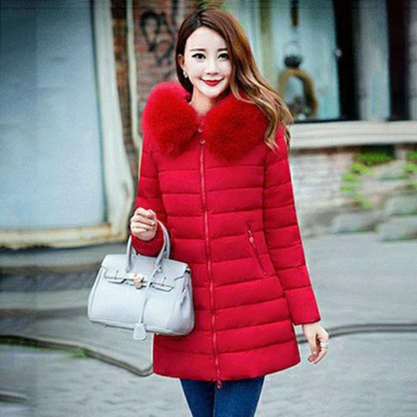 

2017 new plus size medium-long cotton outerwear winter coats women with big fur collar ultra-slim thick warm overcoat clothing, Black