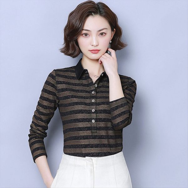 

striped women's 2019 autumn clothes shirt large size women's slim and slim versatile long-sleeved base shirt, White