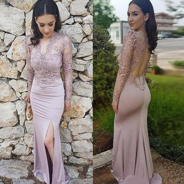 

2020 formal lace long sleeves prom dresses mermaid v neck backless evening dress with appliques side split party gowns, Black
