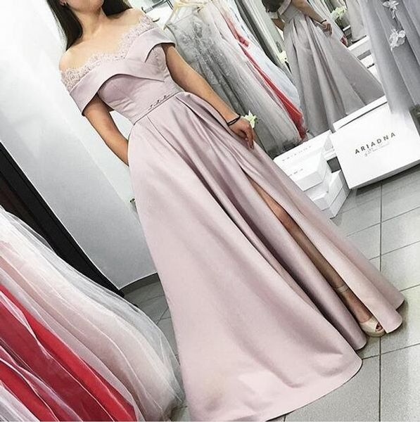 

elegant a-line off shoulder robe de soiree long pink lace evening dresses with slit sleeveless vestido de festa lace up prom gowns, Black;red