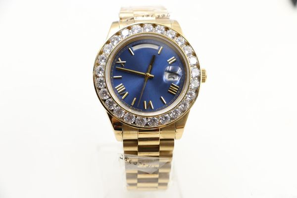 

2019 hot sale Roma 18 ct 44mm Day-Date automatic movement sapphire Big Diamonds Blue face gold Stainless men's Wristwatch Free shipp