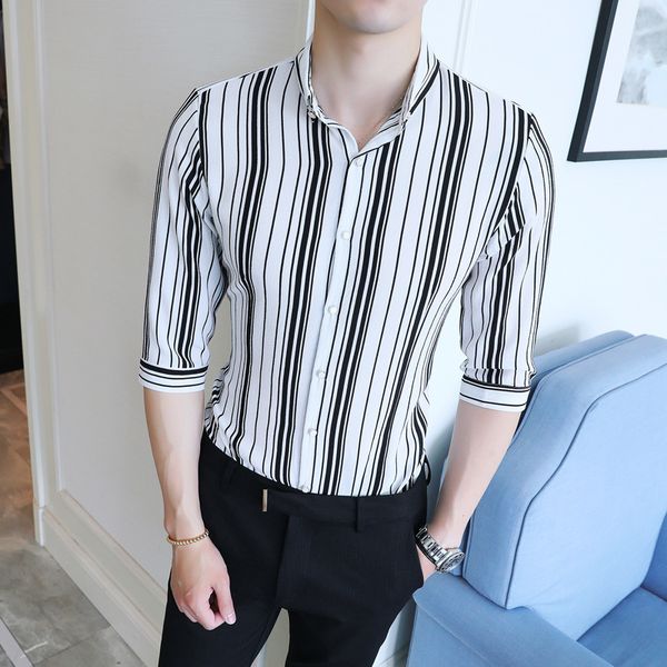 

unregular stripe shirt men summer fashion slim fit stripe shirt camisa masculina social slim fit designer club 5xl, White;black