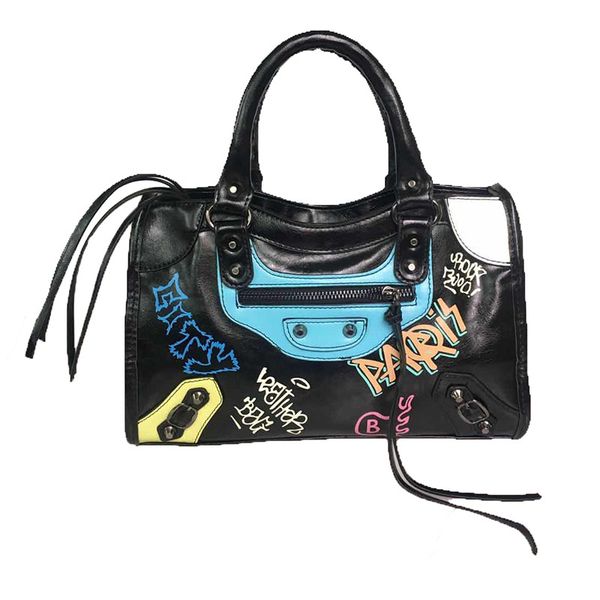 

womens motorcycle studs tassels graffiti handbag totes shoulder fashion large pu leather black punk