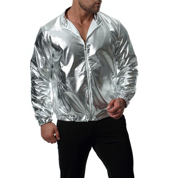 

men thin bright shiny silver reflective jackets fashion long sleeve casual wear male coat plus size streetwear spring clothing, Black;brown