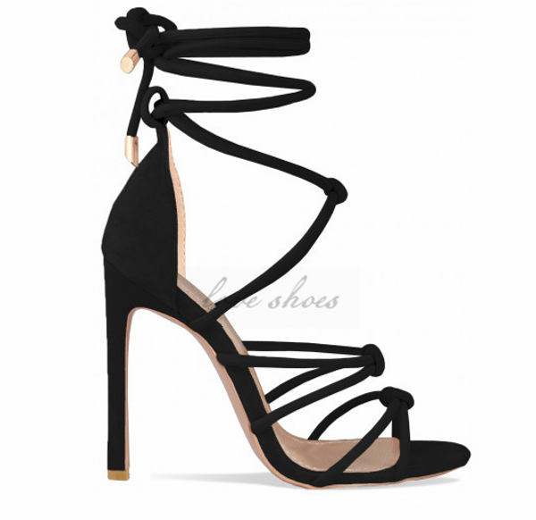 

heeled suede knot lace up girls latest high heel sandals 2020, Black