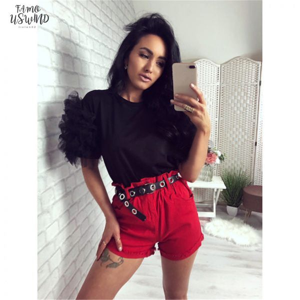

women summer tulle lace ruffle short mesh puff sleeve t shirt ladies loose casual round collar leopard print t shirt new, White