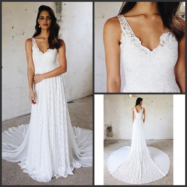 Sexy New Amazing Long Wedding Abito Vestitidos Open White White Ivory Lace Chiffon Straps Beach V-Neck Appliques Boho Bridal Gowns