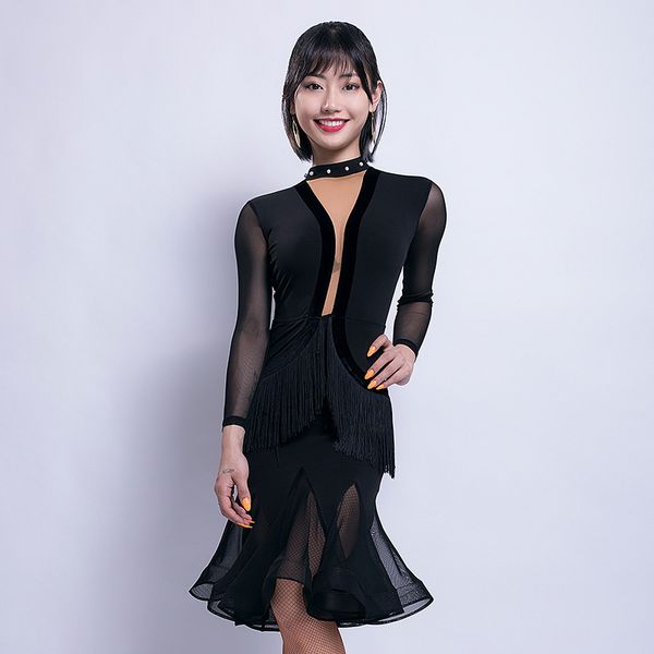 

2019 summer new latin dance dress for women's mesh tassel long sleeve cha cha samba salsa ballroom dance costume dl4244, Black;red