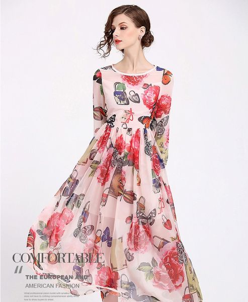 

chiffon floral print tunic maxi pleated dress women elegant bohemian sweet office party fashion beach dress spring clothing, Black;gray