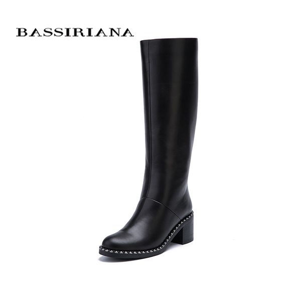 

bassiriana new 2017 winter high boots shoes woman high heels round toe zipper genuine leather and suede black 35-40 size