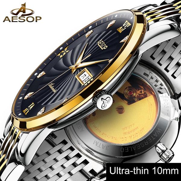 

ultra thin watch men automatic mechanical minimalist wristwatch mens tainless steel band waterproof clock men relogio masculino, Slivery;brown