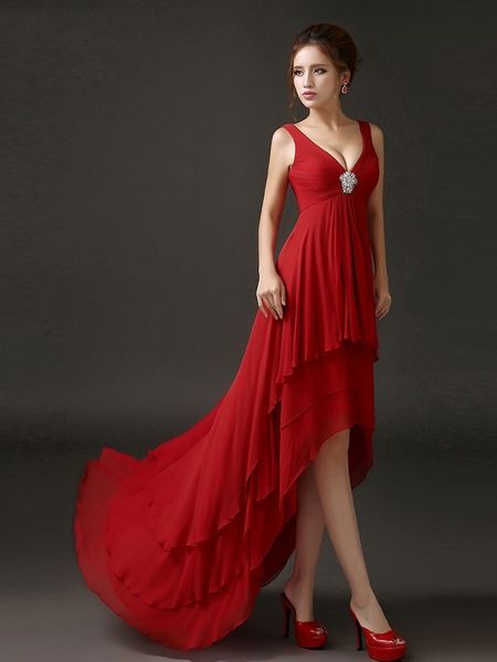 

new v-neck sleeveless asymmetry evening dress 2019 women chiffon long evening prom dresses high low formal gowns, White;black