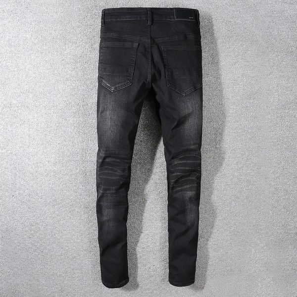 

straight jeans trousers brand man hip hop jeans slim denim biker designer motorcycle ripped mens obmmu, Black