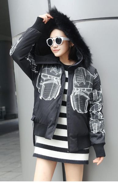 

pattern deformable hat short down jacket, Black