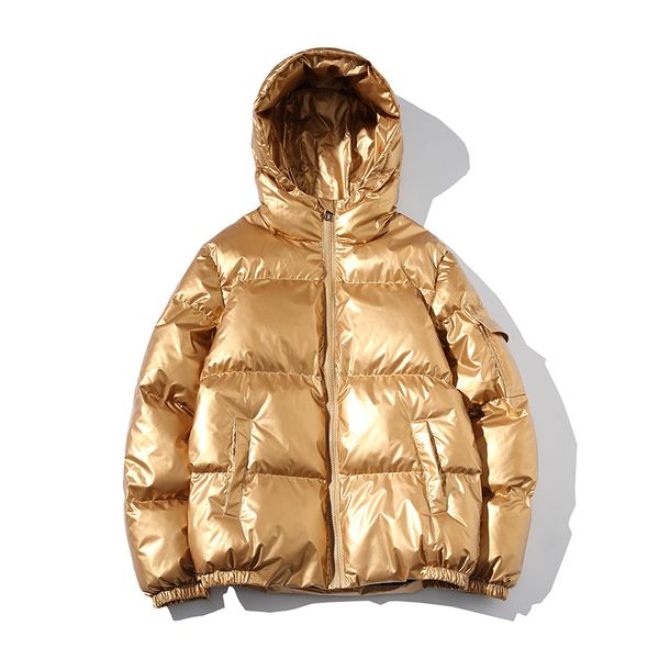 

fashion young loose hooded cotton jacket outwear male winter men jacket thick warm parka jackets silver bright glossy bread coat, Black