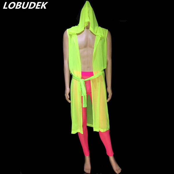 

fluorescent green perspective mesh long cloak skinny pants men suit nightclub bar pole dance costume male party stage wear, Gray