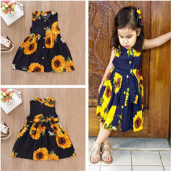 Bebê recém-nascido roupa da criança meninas Dresses New Style Girassol Impressão mangas Vestidos de algodão Casual vestido de festa Kids Clothing Wholesale