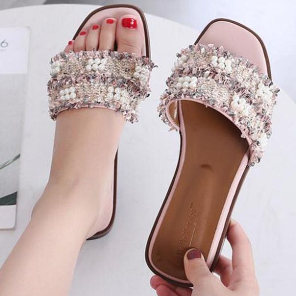 

summer slippers female 2020 new pearl sandals women wear flat bottom wild beaded small fragrance wind toe word drag women xx49, Black