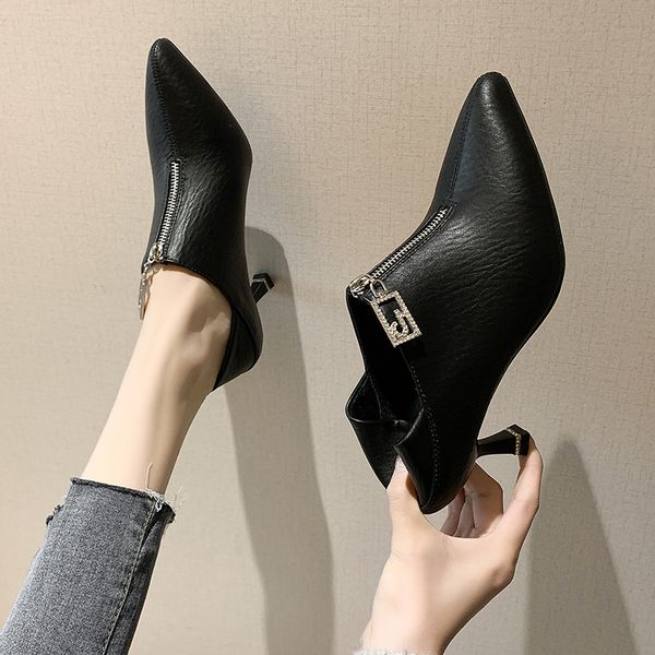 

2020 spring women dress shoes zipper high heels bare boots pointed toe office shoes woman pumps botas mujer thin heels 8009n, Black