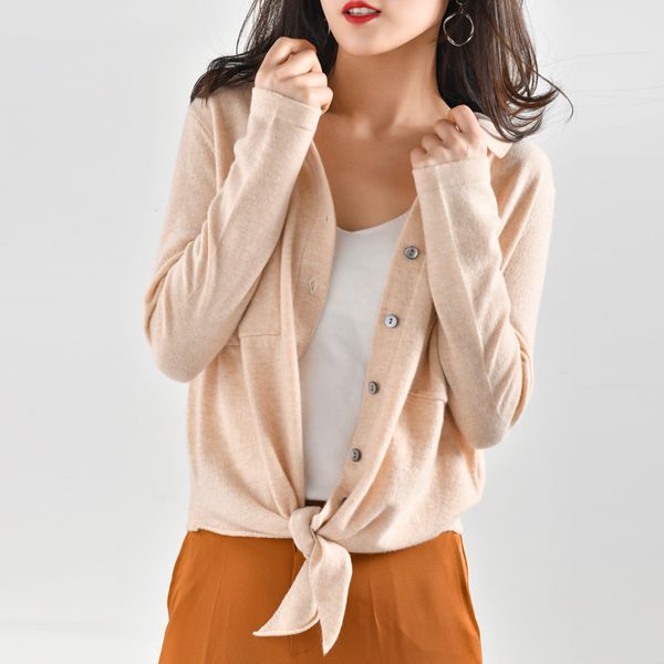 

2019 women's wool spring and autumn cardigan sweater knit lapel cardigan, White