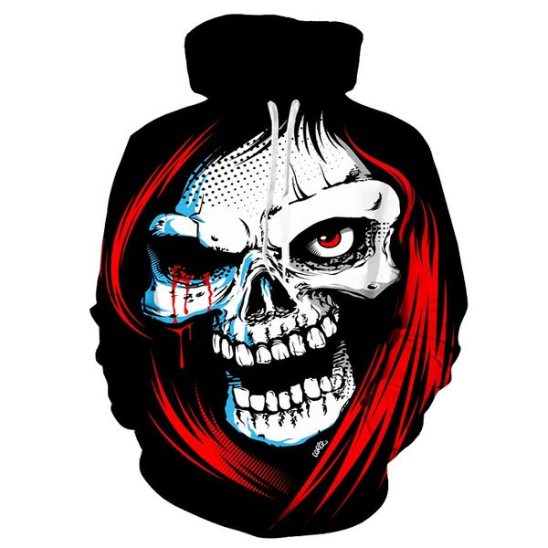

trend designer men's sweater new street style 3d digital printing skull loose casual long-sleeved men's hooded shirt lovers sweate, Black