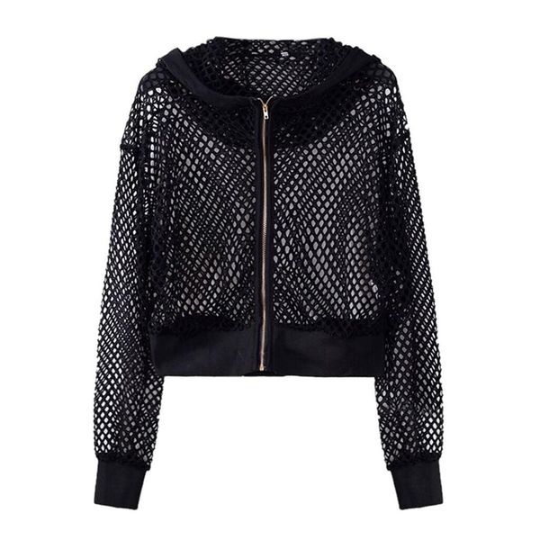 

hxroolrp black women long sleeve sport running cropped coat casual hollow out mesh hooded outwear with pocket for ladies fashion, Black;red