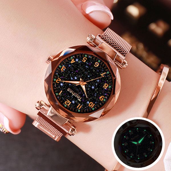 

luxury starry sky luminous fashion women watches magnet colors female quartz wristwatches flowers surface designer ladies watch, Slivery;brown