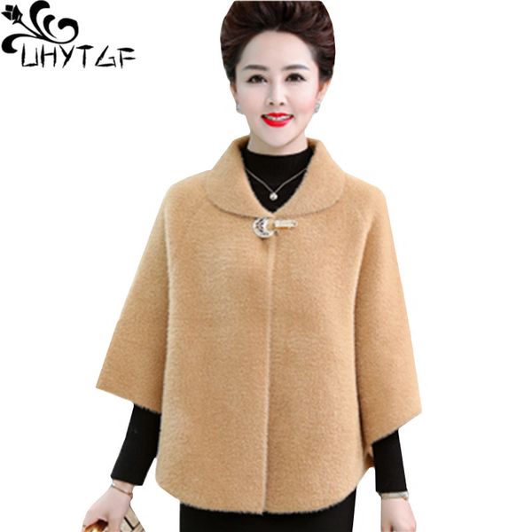 

uhytgf quality mink cashmere autumn winter wool coat bat sleeve cardigan short jacket solid color wild loose plus size coats 814, Black
