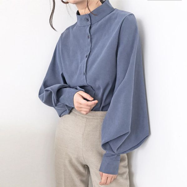 

women lantern sleeve blouse ladies long cotton female vintage oversize loose stand collar puff white shirt t81517a