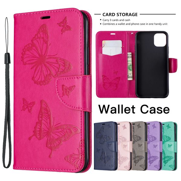 Brieftaschen-Handyhüllen für iPhone 14 13 12 11 Pro Max XR XS X 7 8 Plus – Schmetterlingsprägung PU-Leder Flip Kickstand Cover Case mit Kartenfächern