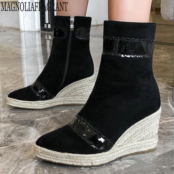 

woman boots suede stitching slope with short boots autumn winter waterproof platform ankle plus velvet women's shoes y452, Black