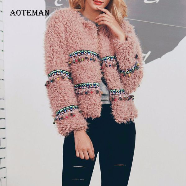 

autumn winter coat women 2019 casual loose solid appliques tassel teddy coat female vintage plus size thick faux fur coats white, Black