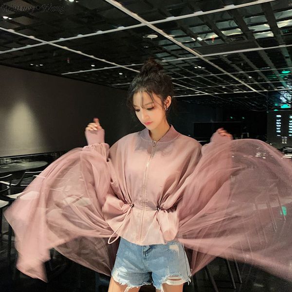 

whitney wang 2019 summer fashion streetwear mesh skirt patchwork jacket women stylish sunscreen coat, Black;brown