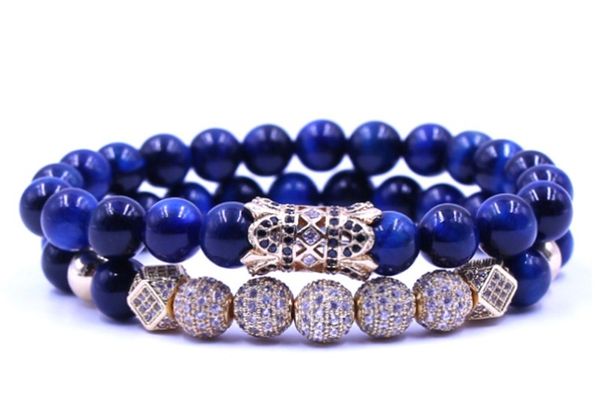 

8mm 2pcs/set gold ch423 elastic adjusted nature lapis lazuli micro pave cz zircon cubic zirconia tube bracelet jewelry, Black