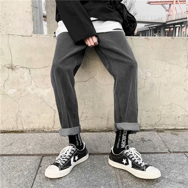 

spring autumn 2020 denim straight-legged wide-leg pants men's loose retro ankle length student men's trousers, Blue